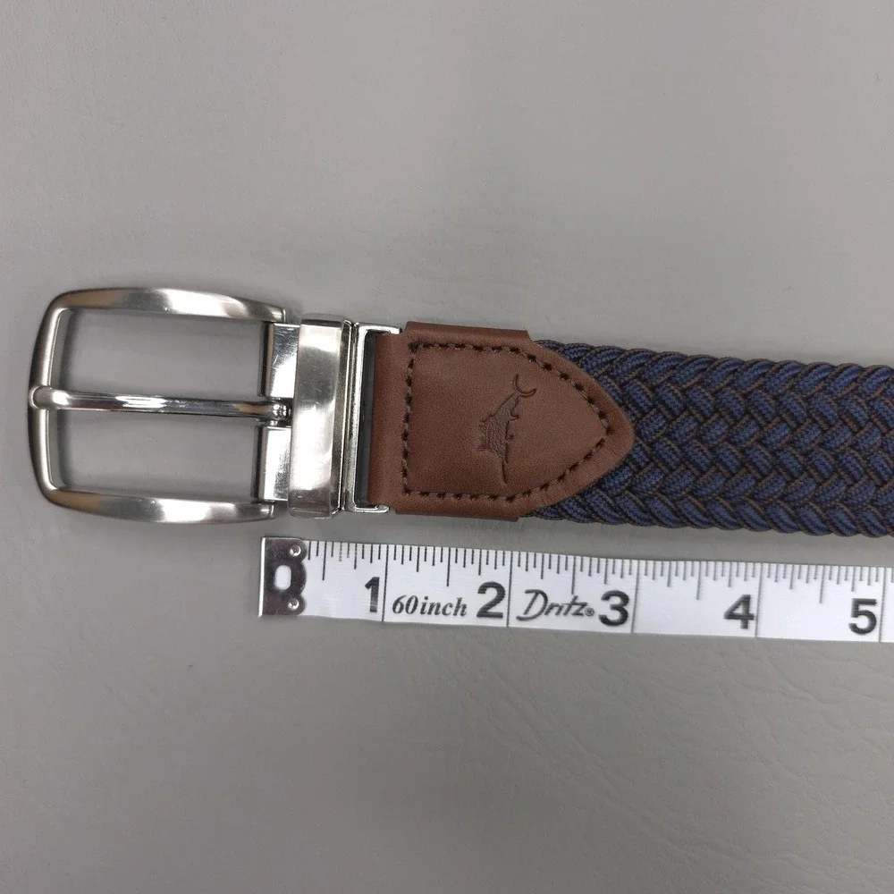 Tommy Bahama Belt Mens 38-42 Blue Braided Stretch Web Leather Trim Silver Buckle